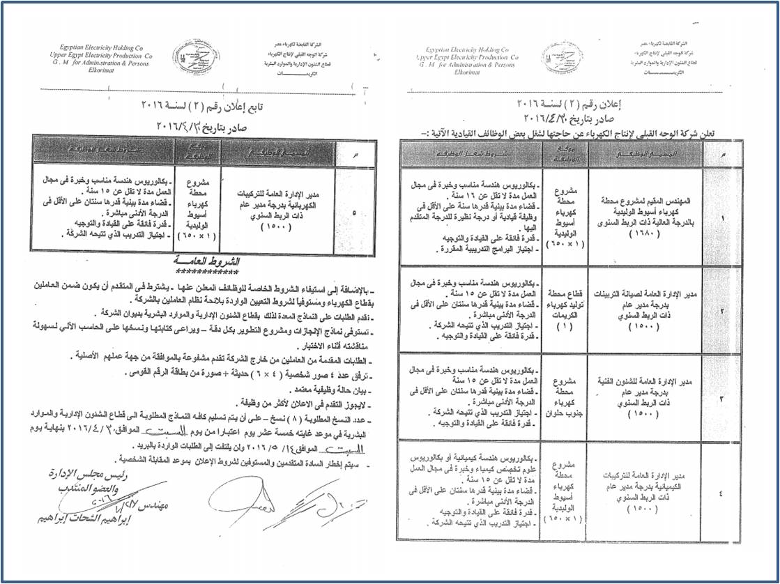 اعلان وظائف بشركة الوجه القبلي لانتاج الكهرباء...........